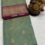 Nakshi Border Katan Chanderi in Sea Green with Gold Checks & Maroon Border