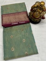 Nakshi Border Katan Chanderi in Sea Green with Gold Checks & Maroon Border