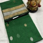 Nakshi Border Katan Chanderi in Deep Emerald Green with Maroon-Red Floral Border