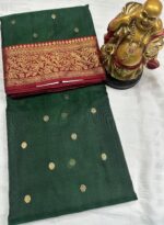 Nakshi Border Katan Chanderi in Emerald Green with Maroon Contrast