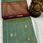 Nakshi Border Katan Chanderi - Sea Green with Wine Red Checkered Weave