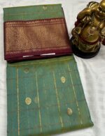 Nakshi Border Katan Chanderi - Sea Green with Wine Red Checkered Weave
