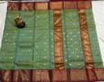 Nakshi Border Katan Chanderi - Sea Green with Wine Red Checkered Weave - Image 2