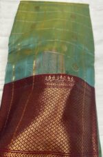 Nakshi Border Katan Chanderi - Sea Green with Wine Red Checkered Weave - Image 3