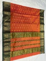 Nakshi Border Katan Chanderi in Sunset Orange with Emerald Green Contrast - Image 2