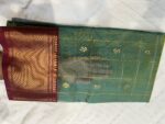 Nakshi Border Katan Chanderi in Sea Green with Gold Checks & Maroon Border - Image 3
