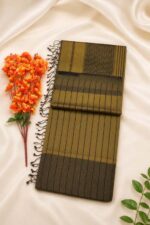 Contemporary Olive-Gold Striped Maheshwari Fancy Saree